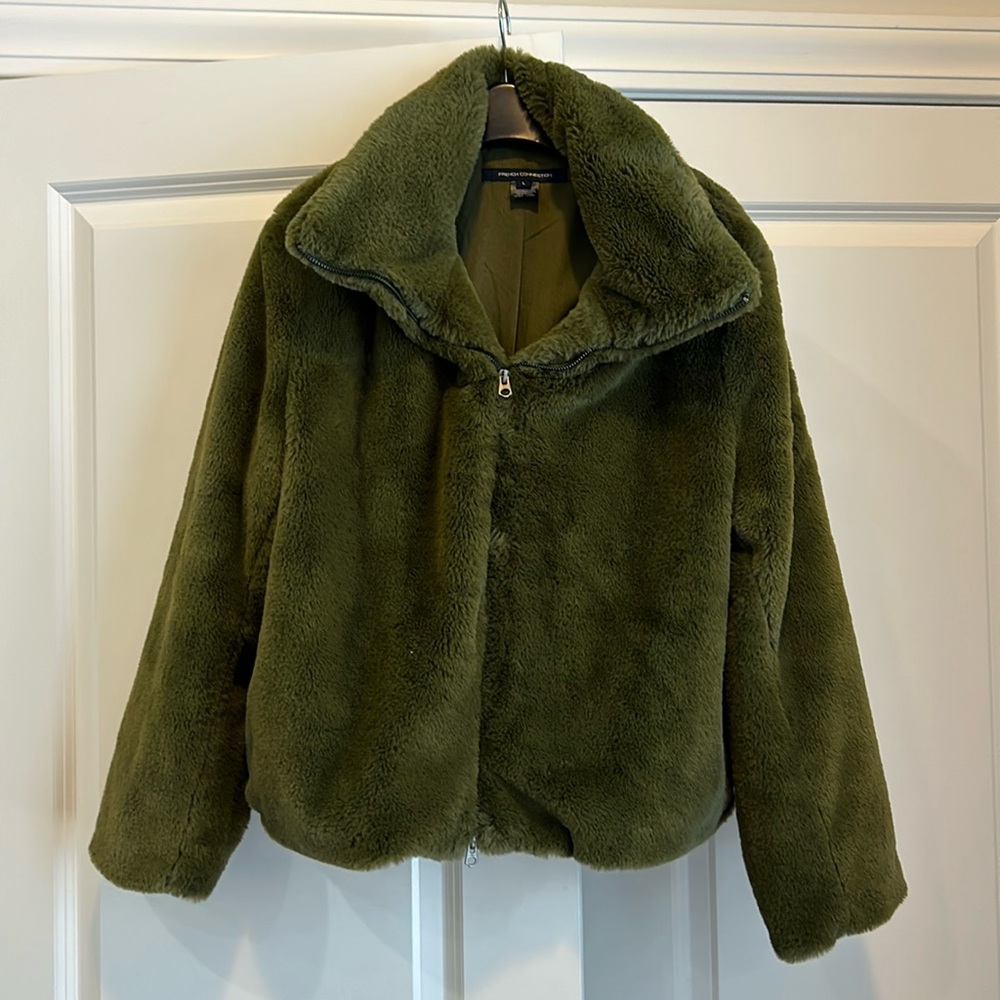 Cropped Olive Green Faux Fur Jacket